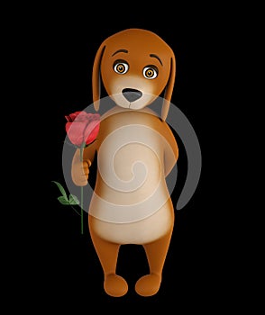 Cartoon valentines dog with a red rose in hand, isolated on black background. 3d render