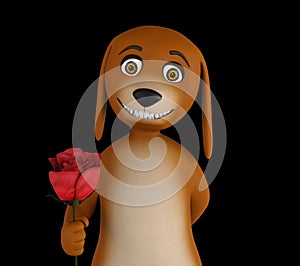 Cartoon valentines dog with a red rose in hand, isolated on black background. 3d render
