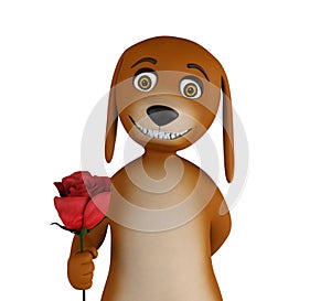 Cartoon valentines dog with a red rose in hand, isolated on white background. 3d render