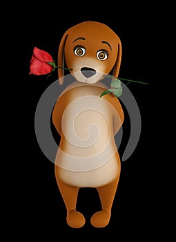 Cartoon valentines dog with a red rose in mouth, isolated on black background. 3d render