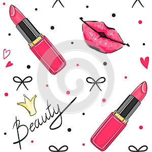 Cartoon valentines girl seamless pattern with pink lipstick, lips and crown.