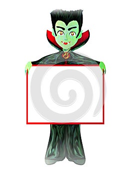 Cartoon vampire boy holding a frame with space for your text photo