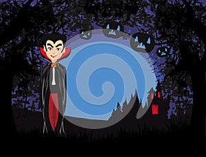 Cartoon Vampire with a haunted castle during the full moon, card with space for text