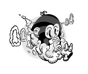 Cartoon vape label Isolated. E-cigarette,monkey smokes and launches rings of steam from the ears emblem.