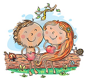 Cartoon vector of Adam and Eve with apples in paradise. Bible story scene: first man and woman in garden eden