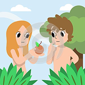 A cartoon vector of Adam and Eve looking at the fruit. Illustration. Bible stories
