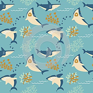 Cartoon vector angry sharks seamless pattern