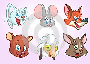 Cartoon vector animal head icons. Vector set of wild and farm animals including bunny rabbit, mouse, fox, bear, sheep and wolf