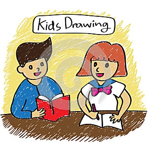 Cartoon vector boy and girl tutoring in the room, boy teaching girl cartoon doodle style.