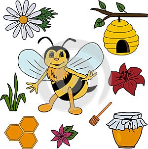Cartoon vector cheerful bee, a beehive on a branch, honeycombs, a jar of honey, flowers, and grass. Colorful clipart bees on the
