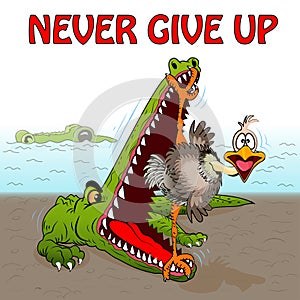 cartoon vector comic Alligator is trying to eat an ostrich, but he has strong legs that do not allow to close his