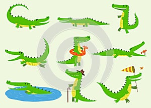 Cartoon vector crocodiles characters different green zoo animals. Cute crocodile funny animal with bath toy and big