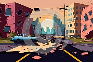 cartoon vector Damaged urban landscape.quake urbanization problem, generative Ai