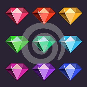 Cartoon vector diamonds icons set in different colors with different shapes