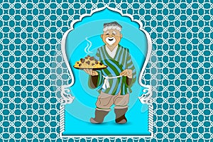Cartoon vector doodle hand draw an Uzbek man prepares and invites pilaf the national dish of Uzbekistan, Asia. Illustration