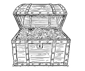 Cartoon Vector Drawing of Old Open Pirate Treasure Chest with Gold Coins Inside