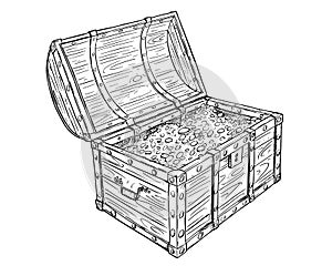 Cartoon Vector Drawing of Old Open Pirate Treasure Chest with Gold Coins Inside