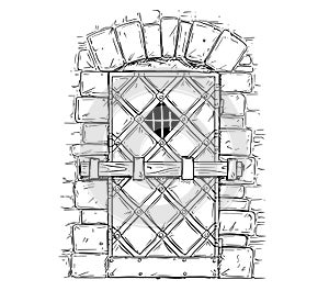 Cartoon Vector Drawing of Wooden Medieval Door Closed by Latch