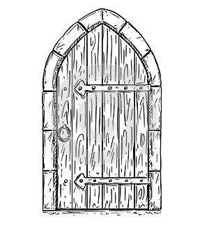 Cartoon Vector Drawing of Wooden Medieval Door Closed or Locked