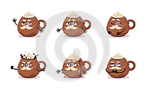 Cartoon vector emotion set of red cup with christmas drink. Cacao with marshmallow.