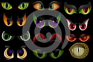 Cartoon vector eyes beast devil monster animals eyeballs of angry or scary expressions evil eyebrow and eyelashes on
