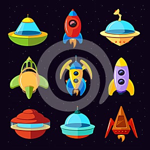 Cartoon vector fantastic ufo, spaceships and rockets vector set