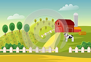 Cartoon vector farm landscape field with farmers buildings and cow. Farm flat landscape.