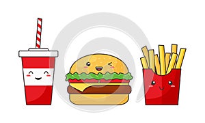 Cartoon vector fast food kawaii, funny cheeseburger, cola and french fries, cute character, happy caricature. American breakfast