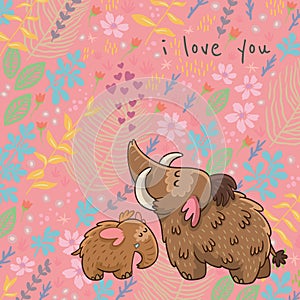Cartoon vector floral card with mammoth