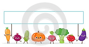 Cartoon vector funny vegetables holding banner