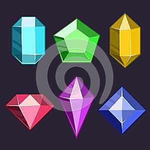 Cartoon vector gems and diamonds icons set in different colors with different shapes