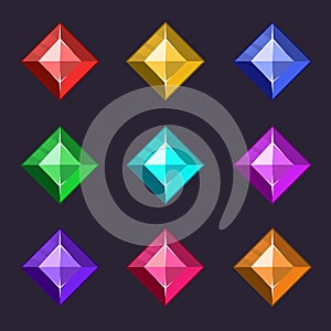 Cartoon vector gems and diamonds icons set in different colors with different shapes