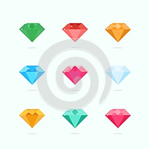 Cartoon vector gems and diamonds set in a flat style