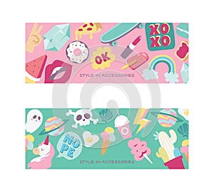 Cartoon vector girlish accessories lipstick icecream kids unicorn rainbow and doghnut illustration colorful set of photo