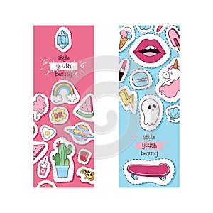Cartoon vector girlish accessories lipstick icecream kids unicorn rainbow and doghnut sticker illustration colorful set photo