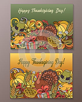 Cartoon vector hand-drawn Doodle Happy Thanksgiving Day cards.