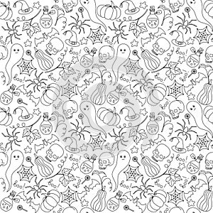 Cartoon vector hand-drawn Doodles on the subject of Halloween symbols, food and drinks seamless pattern. Contour