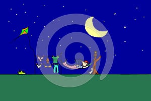 Cartoon,vector,Harry's stories, adventurous boy sleeps in a hammock in the backyard