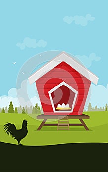 Cartoon vector icon of bright red chicken coop, fresh eggs in the nest