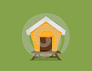 Cartoon vector icon of bright red chicken coop, fresh eggs in the nest