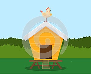 Cartoon vector icon of bright red chicken coop, fresh eggs in the nest