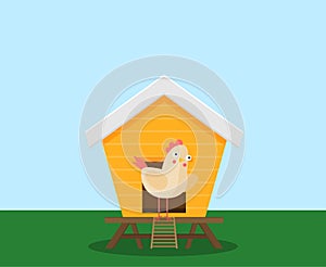 Cartoon vector icon of bright red chicken coop, fresh eggs in the nest