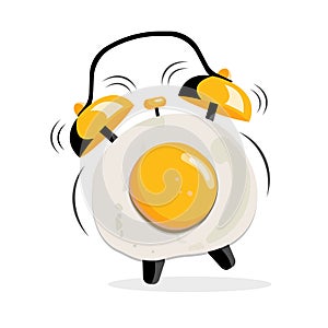 Cartoon vector illustration of alarm clock with fried egg on white isolated background. Top view