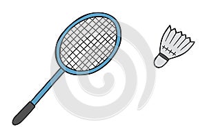 Cartoon vector illustration of badminton, racket and ball, shuttlecock