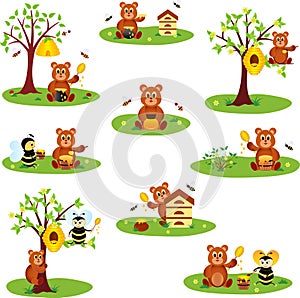 Cartoon vector illustration of bees, bears and honey