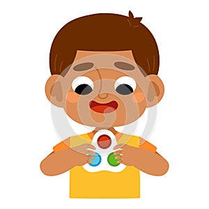 Cartoon vector illustration, Boy holds an antistress simple dimple toy in hands