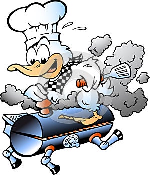 Cartoon Vector illustration of an Chef Duck riding a BBQ grill barrel photo