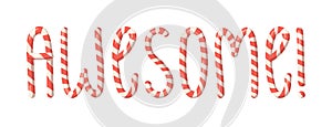 Cartoon vector illustration Christmas Candy Cane. Hand  drawn font. Actual Creative Holidays sweet alphabet and word AWESOME