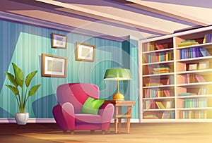 Cartoon vector illustration. Cosy home living room or cabinet with place for reading books. Library with book shelves