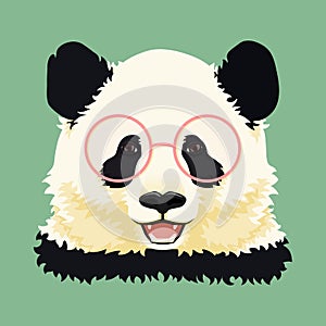 Cartoon vector illustration. Cute giant panda face with round pink glasses. Black and white asian bear.